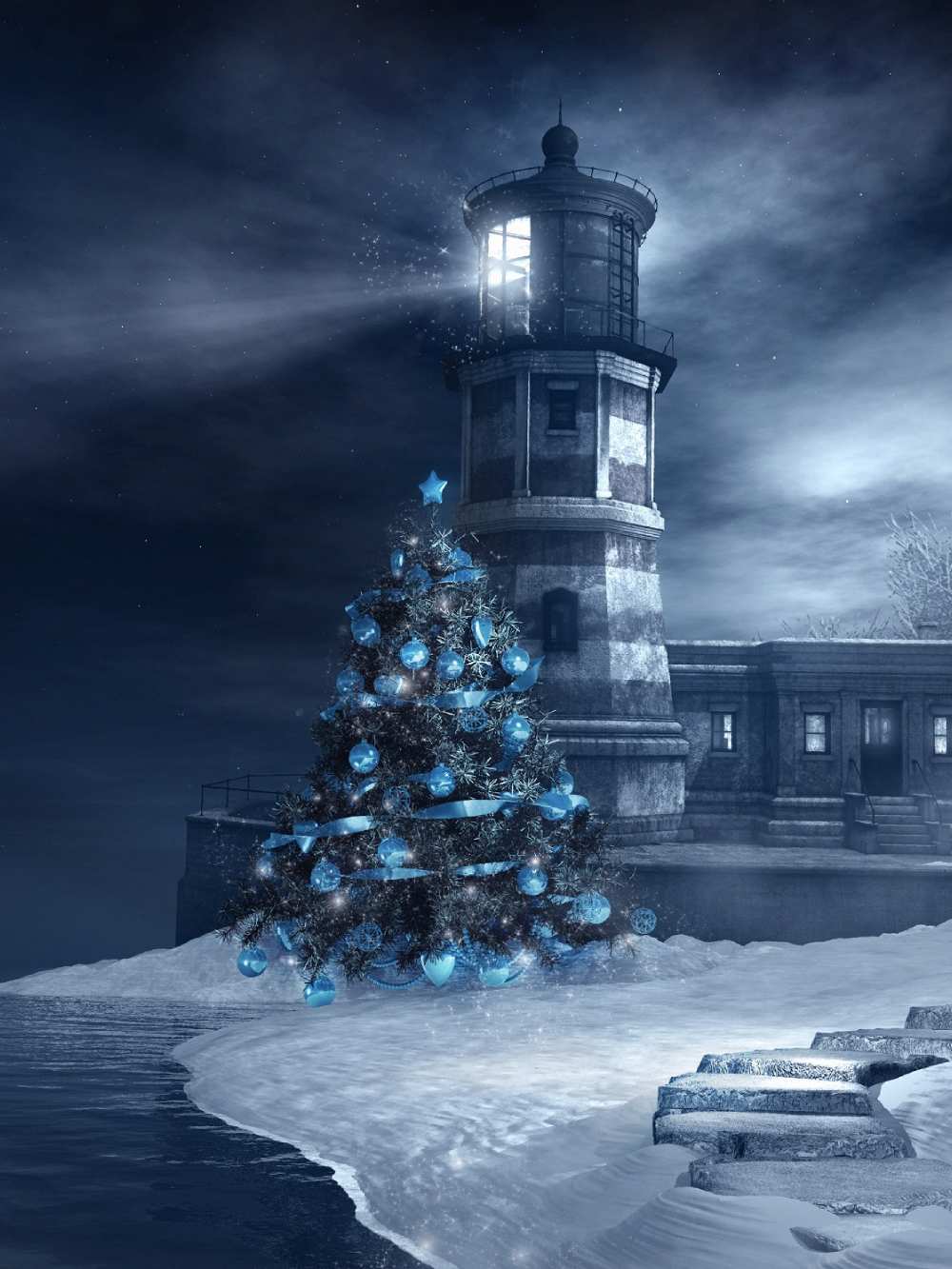 Blue Christmas Tree Wilderness Beach Lighthouse Backdrop IBD-246884 size:1.5x2