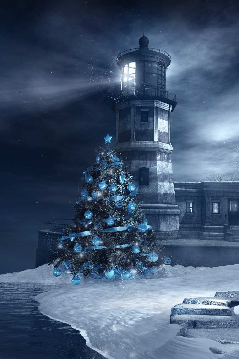 Blue Christmas Tree Wilderness Beach Lighthouse Backdrop IBD-246884 size:1x1.5