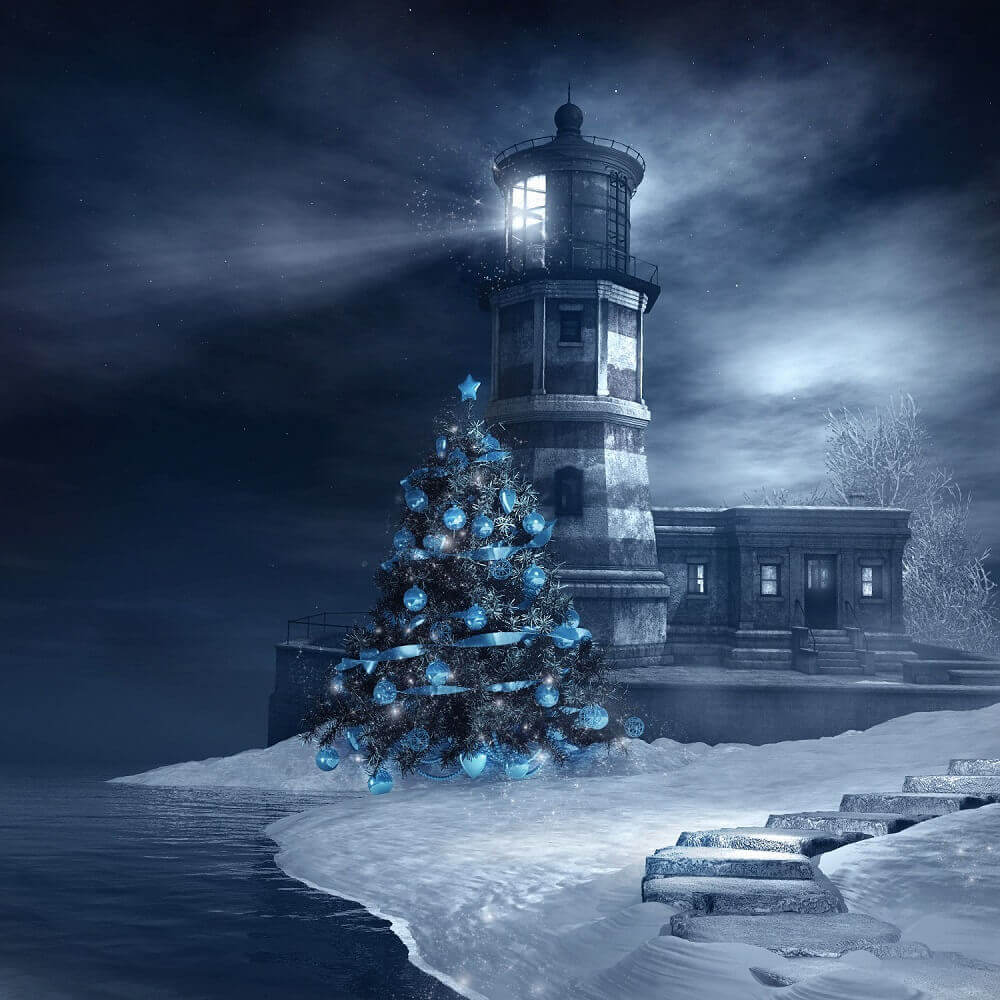 Blue Christmas Tree Wilderness Beach Lighthouse Backdrop IBD-246884 size:1x1
