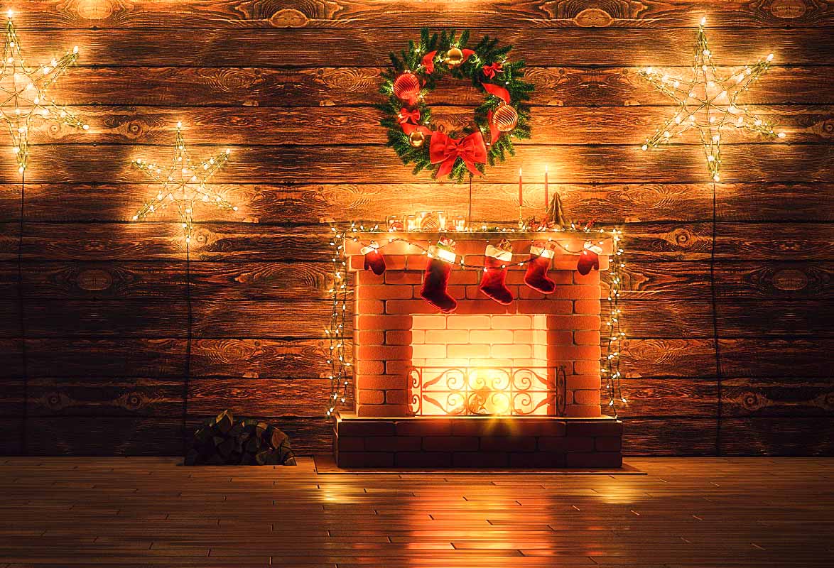 Warm Christmas Brick Wall Fireplace Backdrop IBD-246891 size:2.2x1.5