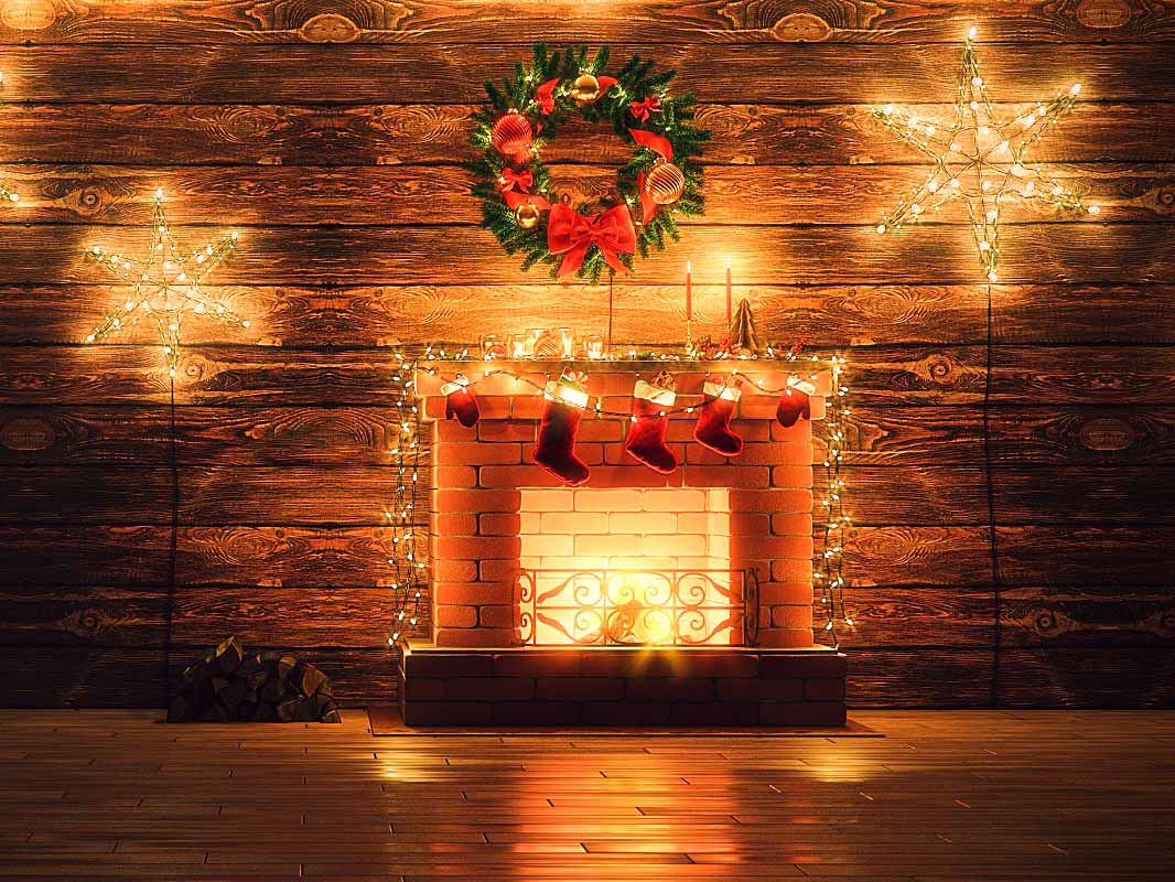 Warm Christmas Brick Wall Fireplace Backdrop IBD-246891 size:2x1.5