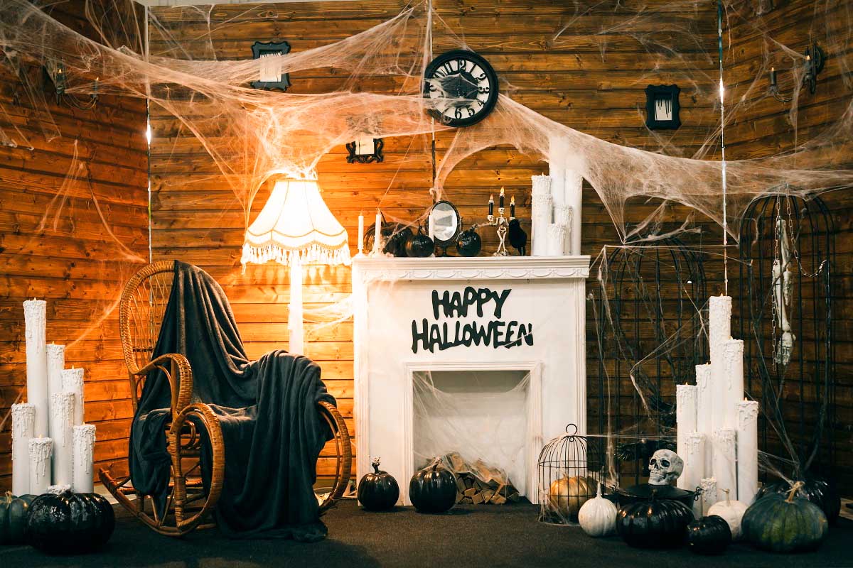 Halloween Wood House Spider Net Skull Candlestick Backdrop IBD-246892 size:1.5x1