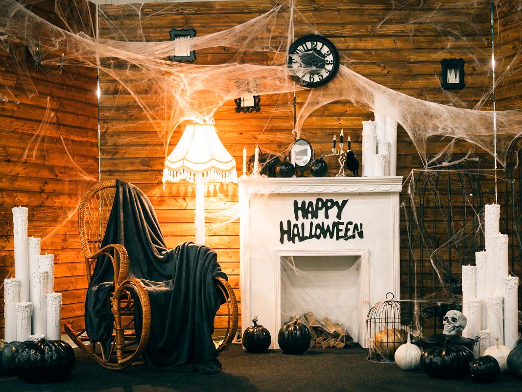 Halloween Wood House Spider Net Skull Candlestick Backdrop IBD-246892 size:2x1.5