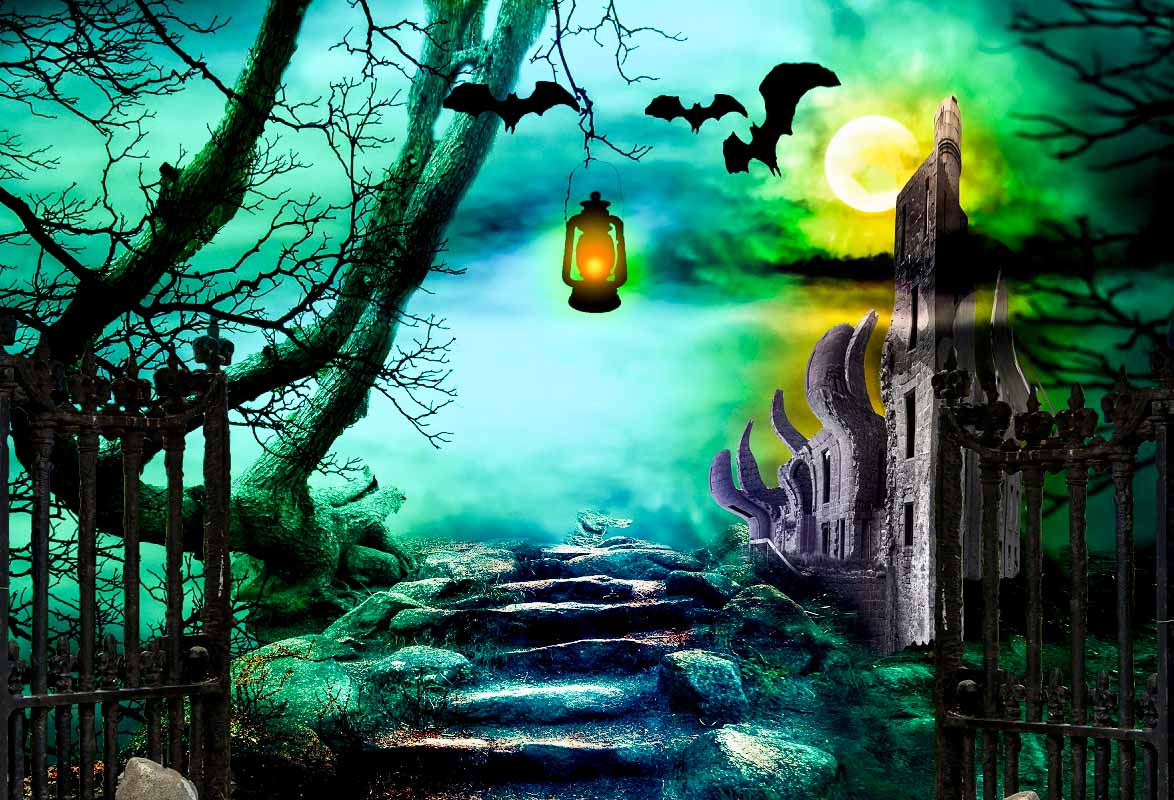 Spooky Halloween Stone Road Wilderness Night Backdrop IBD-246898 size:2.2x1.5