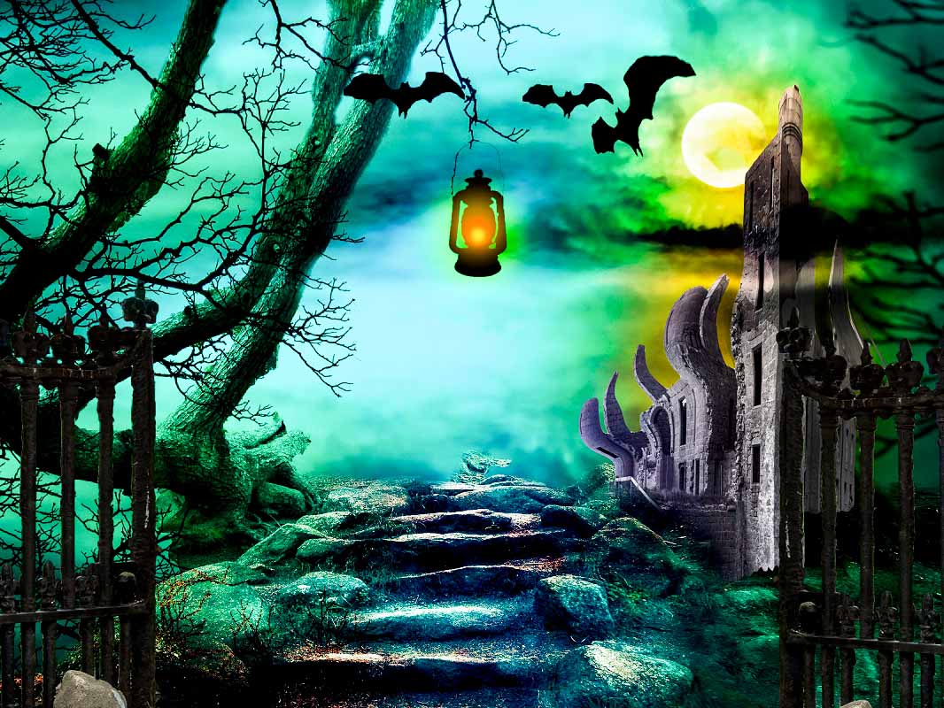 Spooky Halloween Stone Road Wilderness Night Backdrop IBD-246898 size:2x1.5