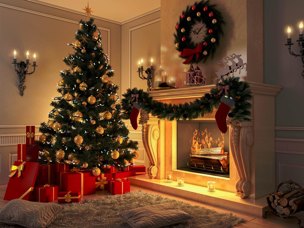 Vintage Christmas Tree And Firepalce Backdrop IBD-246901 size:2x1.5