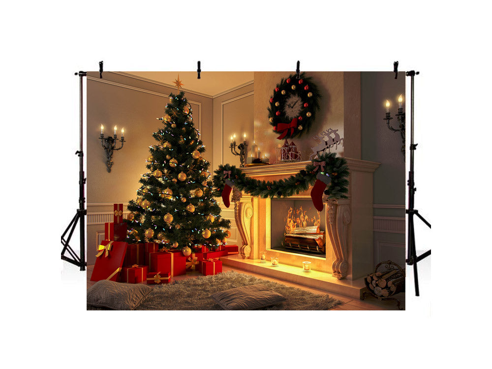 Vintage Christmas Tree And Firepalce Backdrop IBD-246901