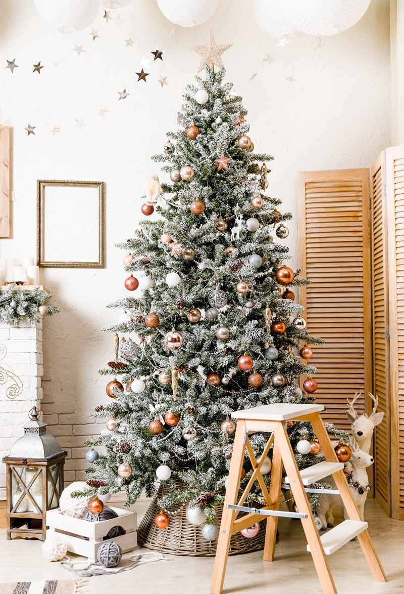 Christmas Tree Decored Balls And Stars Against Brick Wall IBD-246904 size:1.5x2.2