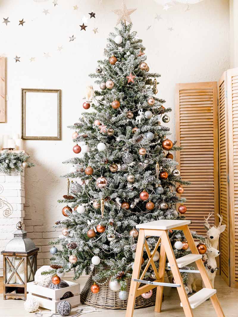Christmas Tree Decored Balls And Stars Against Brick Wall IBD-246904 size:1.5x2