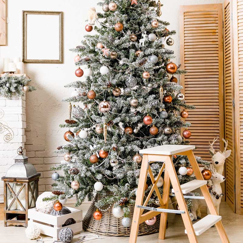 Christmas Tree Decored Balls And Stars Against Brick Wall IBD-246904 size:1x1
