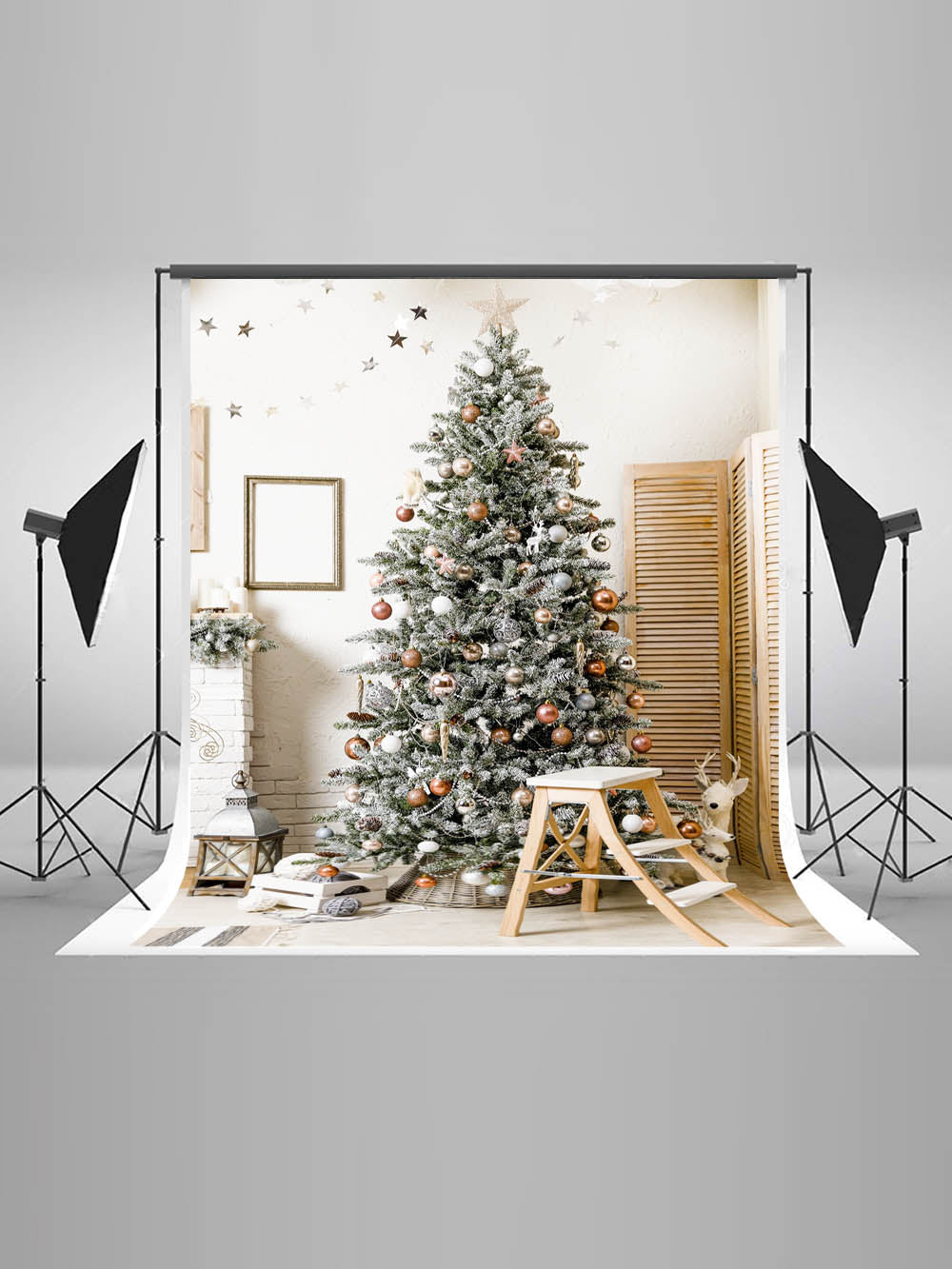 Christmas Tree Decored Balls And Stars Against Brick Wall IBD-246904