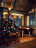 Vintage Wood House Christmas Tree Window Backdrop IBD-246906