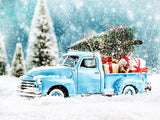 Blue Truck With Christmas Tree Covered Snow Backdrop IBD-246918