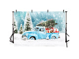 Blue Truck With Christmas Tree Covered Snow Backdrop IBD-246918