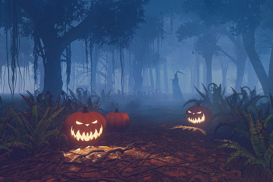 Spooky Halloween Pumpkin And Death Forest Night Backdrop IBD-246925 size:1.5x1