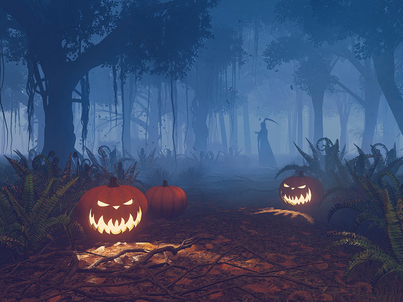 Spooky Halloween Pumpkin And Death Forest Night Backdrop IBD-246925 size:2x1.5
