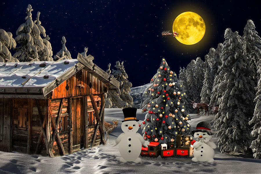 Forest Hut Under The Christmas Moon And Snowmans Backdrop IBD-246935 size:1.5x1