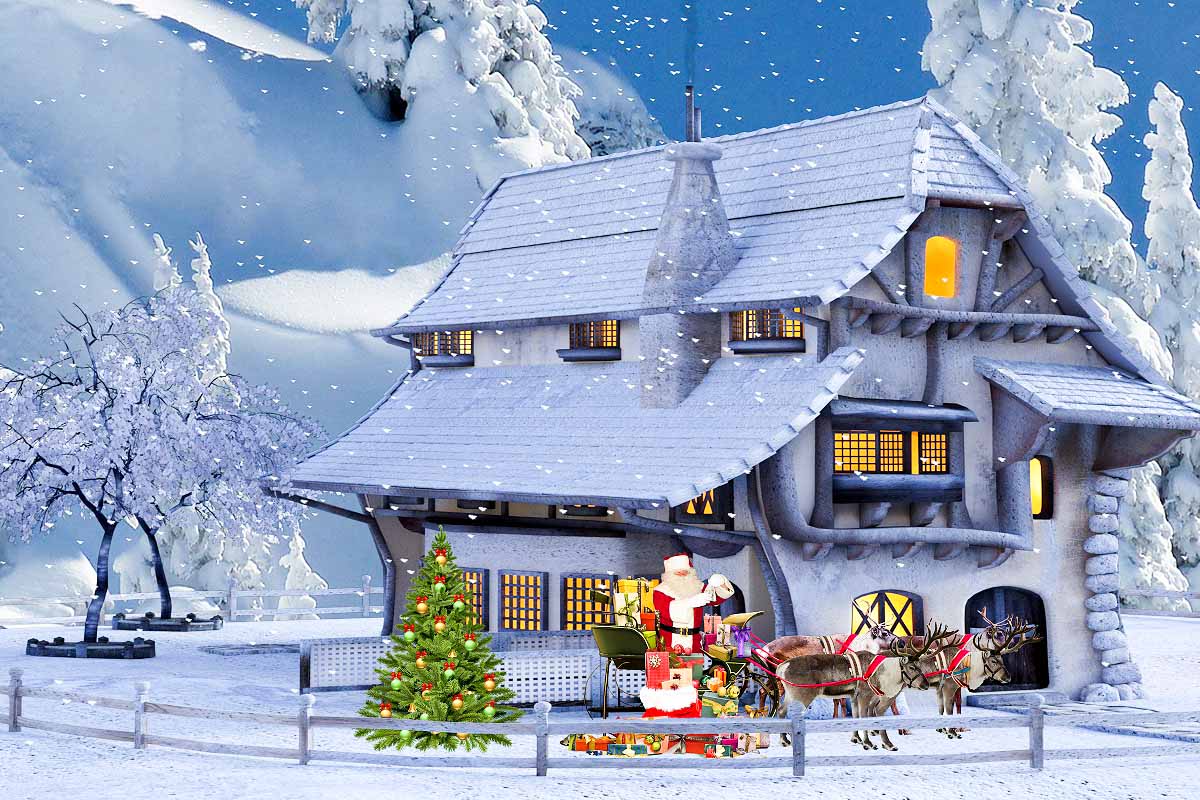 Christmas House Santa Sled Snow Ground Backdrop IBD-246947 size: 10ftx6.5ft