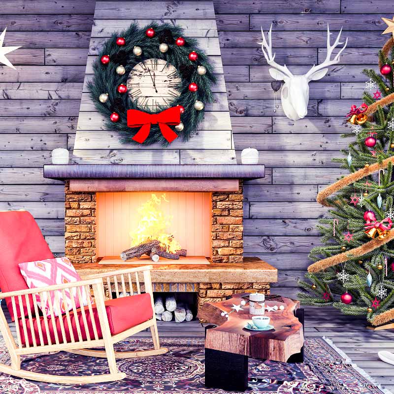 Christmas Tree And Fireplace Vintage Wood Wall Backdrop IBD-246948 size: 10ftx10ft