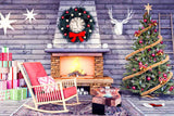 Christmas Tree And Fireplace Vintage Wood Wall Backdrop IBD-246948 size: 10ftx6.5ft