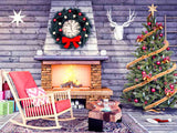 Christmas Tree And Fireplace Vintage Wood Wall Backdrop IBD-246948