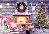 Christmas Tree And Fireplace Vintage Wood Wall Backdrop IBD-246948 size: 7ftx5ft