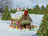 Cartoon Green Christmas Tree And Gingerbread House Backdrop IBD-246951