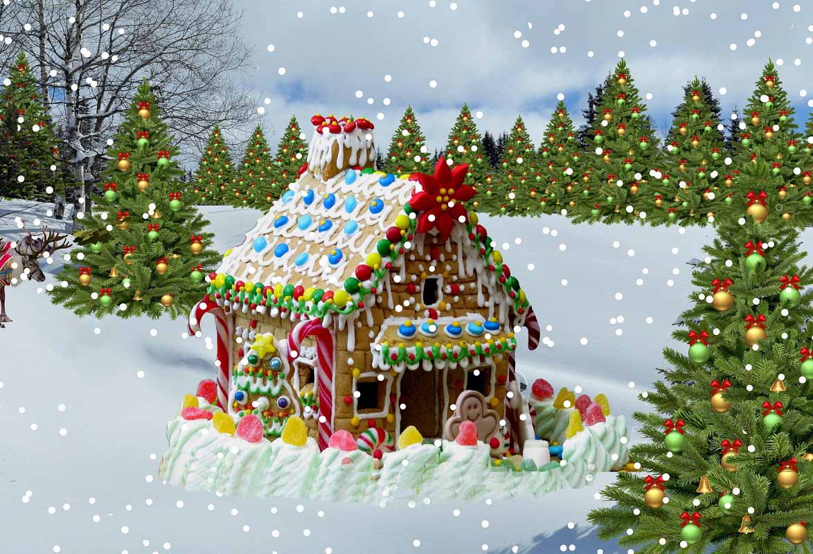 Cartoon Green Christmas Tree And Gingerbread House Backdrop IBD-246951 size: 7*5