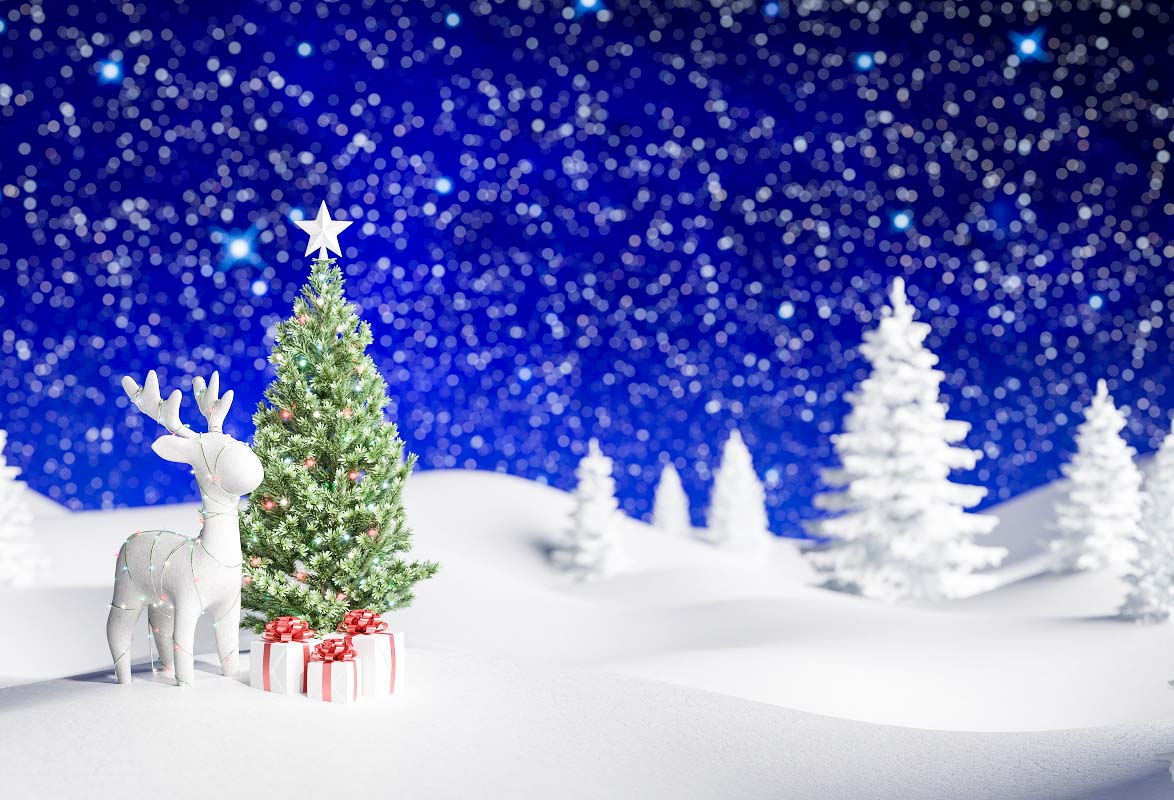 Blue Glitter Christmas Tree And Deer Backdrop IBD-246956 size: 7x5