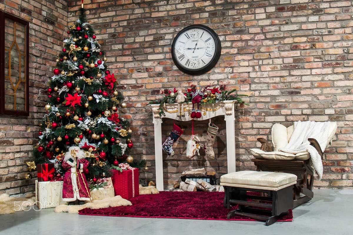 Christmas Tree Fireplace Against Gray Brick Wall Backdrop IBD-246966 size: 10x6.5