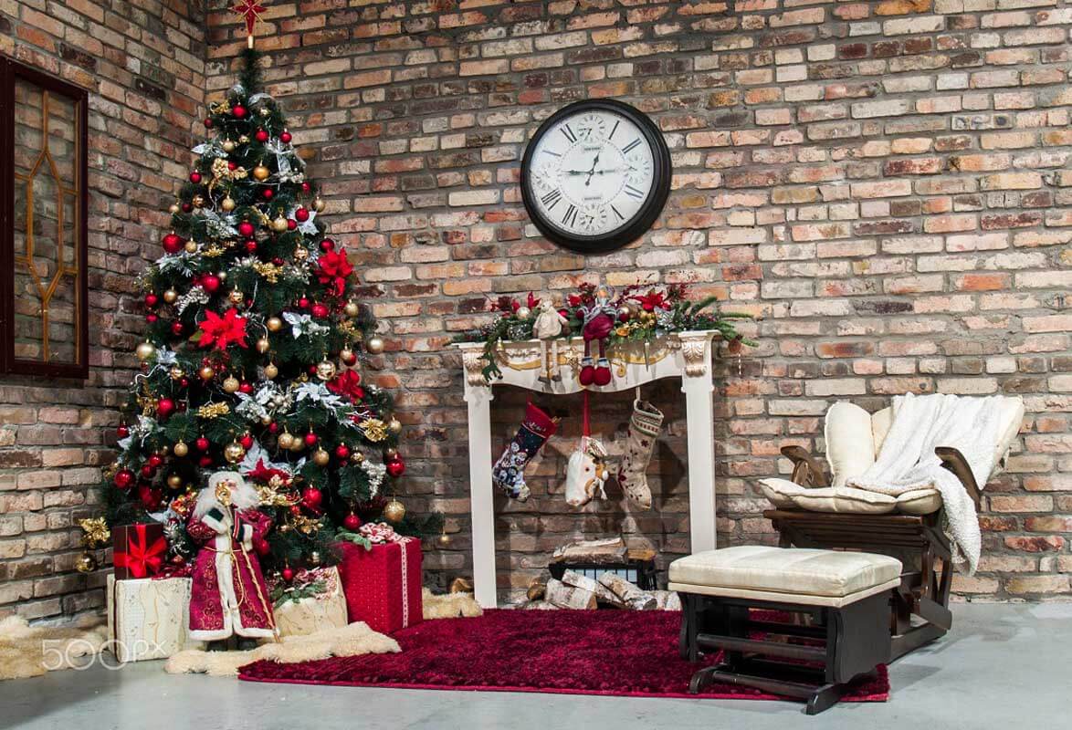 Christmas Tree Fireplace Against Gray Brick Wall Backdrop IBD-246966 size: 7x5