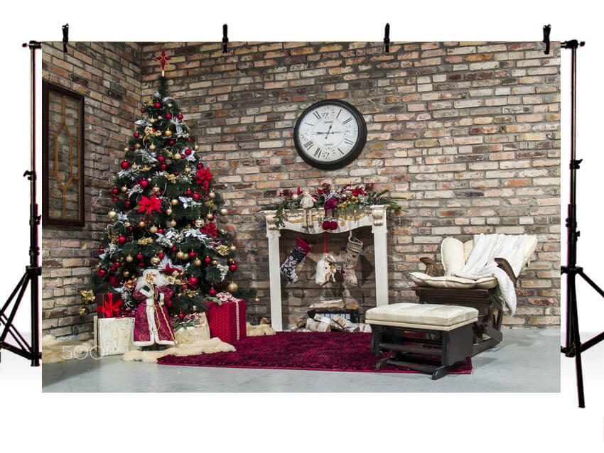 Christmas Tree Fireplace Against Gray Brick Wall Backdrop IBD-246966