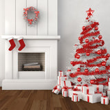 Christmas Trees Fireplace Against White Wall Backdrop IBD-246968 size: 10x10