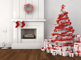 Christmas Trees Fireplace Against White Wall Backdrop IBD-246968