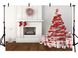 Christmas Trees Fireplace Against White Wall Backdrop IBD-246968