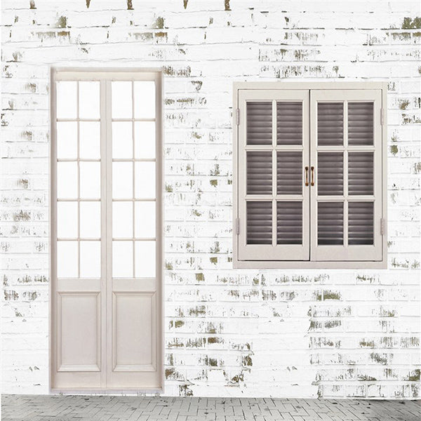 White Brick Wall Door And Window Photo Backdrop IBD-246982 size: 10x10