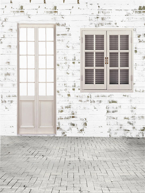 White Brick Wall Door And Window Photo Backdrop IBD-246982 size: 5x6.5