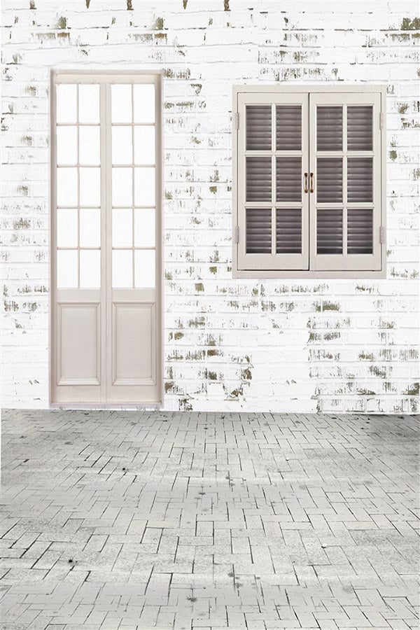 White Brick Wall Door And Window Photo Backdrop IBD-246982 size: 6.5x10