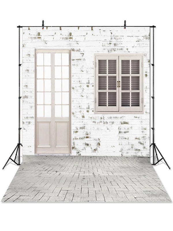 White Brick Wall Door And Window Photo Backdrop IBD-246982