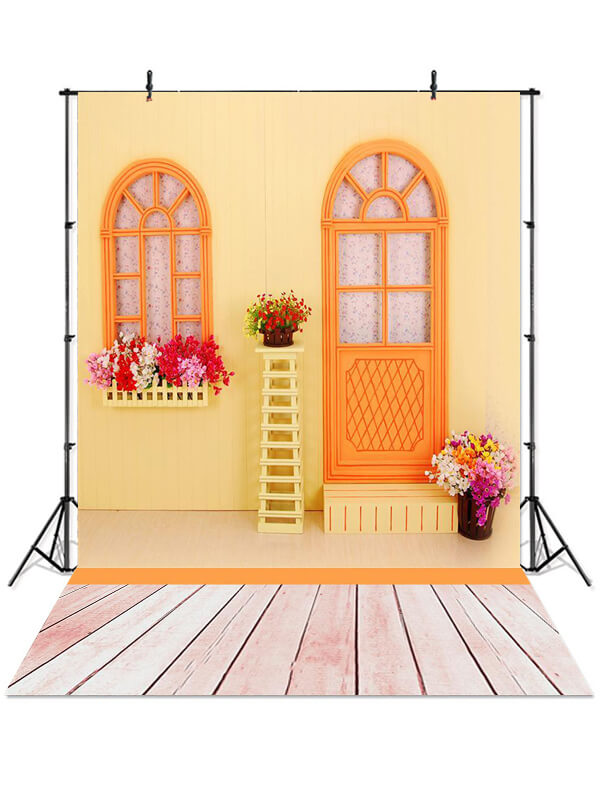 Orange Wood Door And Window Photo Backdrop IBD-246988