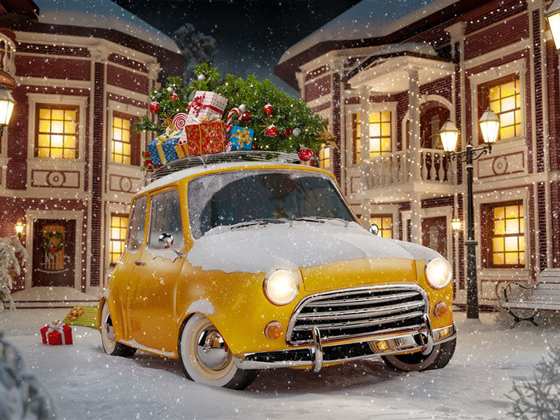 Christmas Yellow Car And House Photo Backdrop IBD-246992 size: 6.5x5