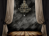 Image of Dark Room Interior with Wooden Floor and Chandelier Background for Photography IBD-19966 - iBACKDROP-Chandelier Background, Room Decoration, Room Decoration Backdrop, Vintage Backdrop, Vintage Backdrops, Wood Backdrop, Wooden Backdrop