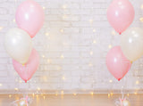 Lights And Pink Balloons Brick Wall Backdrop Photography Backdrops IBD-24121 - iBACKDROP-backdrops for photography, balloon backdrop, custom photo backdrops, flower backdrop, photo booth backdrops, photography backdrops, pink balloon background