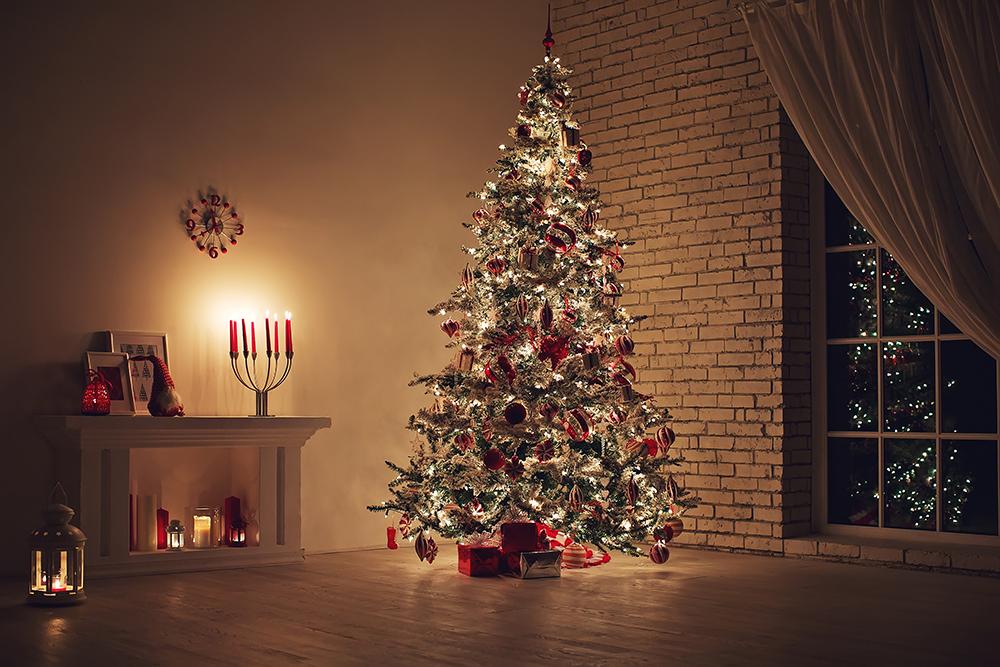 Night Indoor Christmas Tree Background Photography Backdrops for Party Ideas IBD-19247