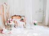 Palace Decorated With White Net Yarn For Wedding Or Valentine's Day Backdrop IBD-24405