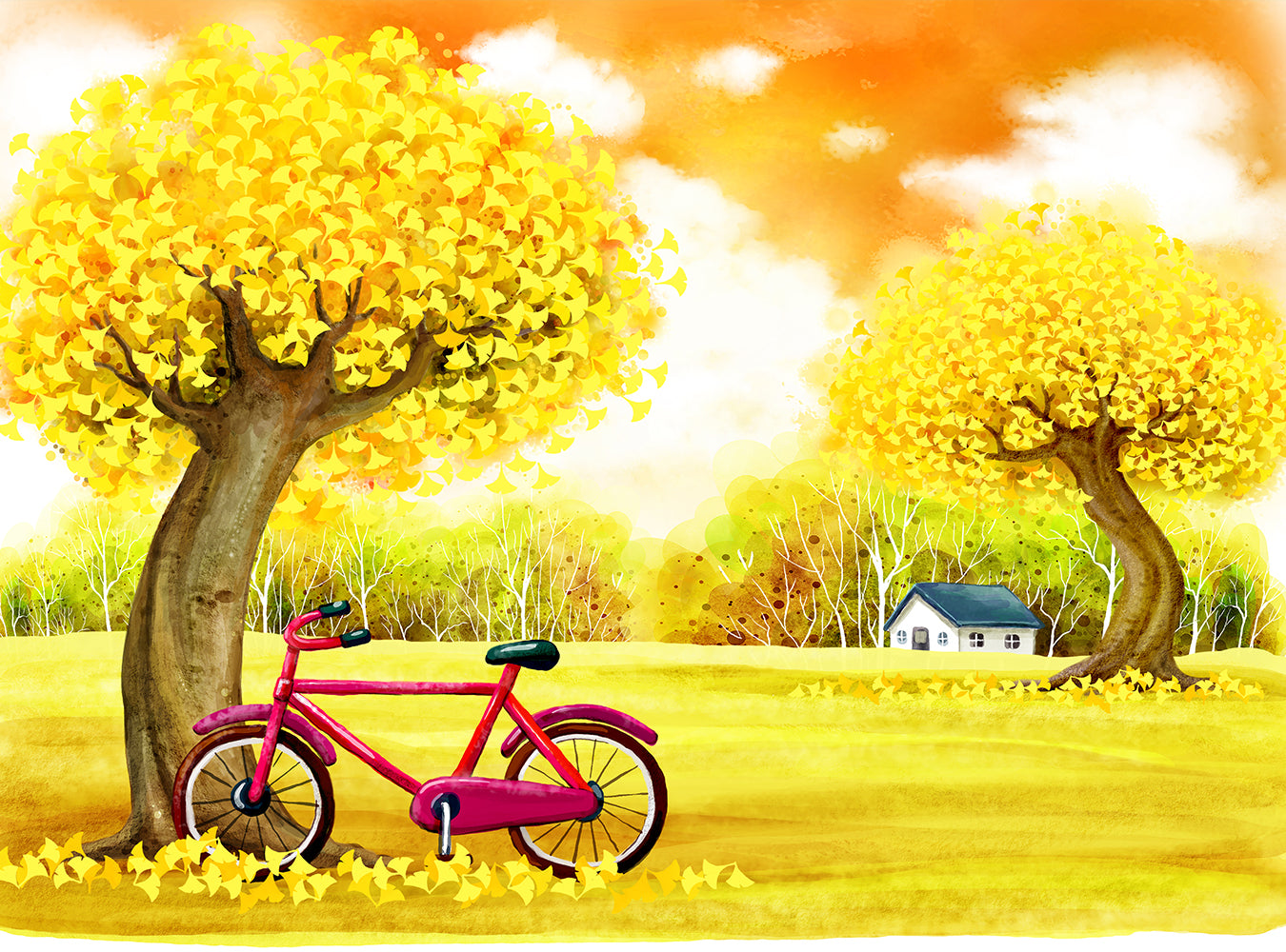 Red Bicycle And Yellow Tree Background For Photography IBD-24563