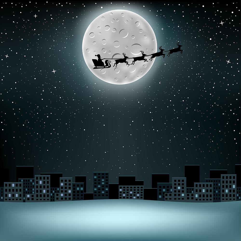 Santa Claus Elk Flying at Night Christmas Backdrops IBD-19218