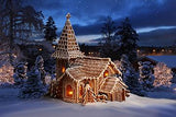 Snowy Christmas Night in Gingerbread Church Photography Backdrop IBD-19607
