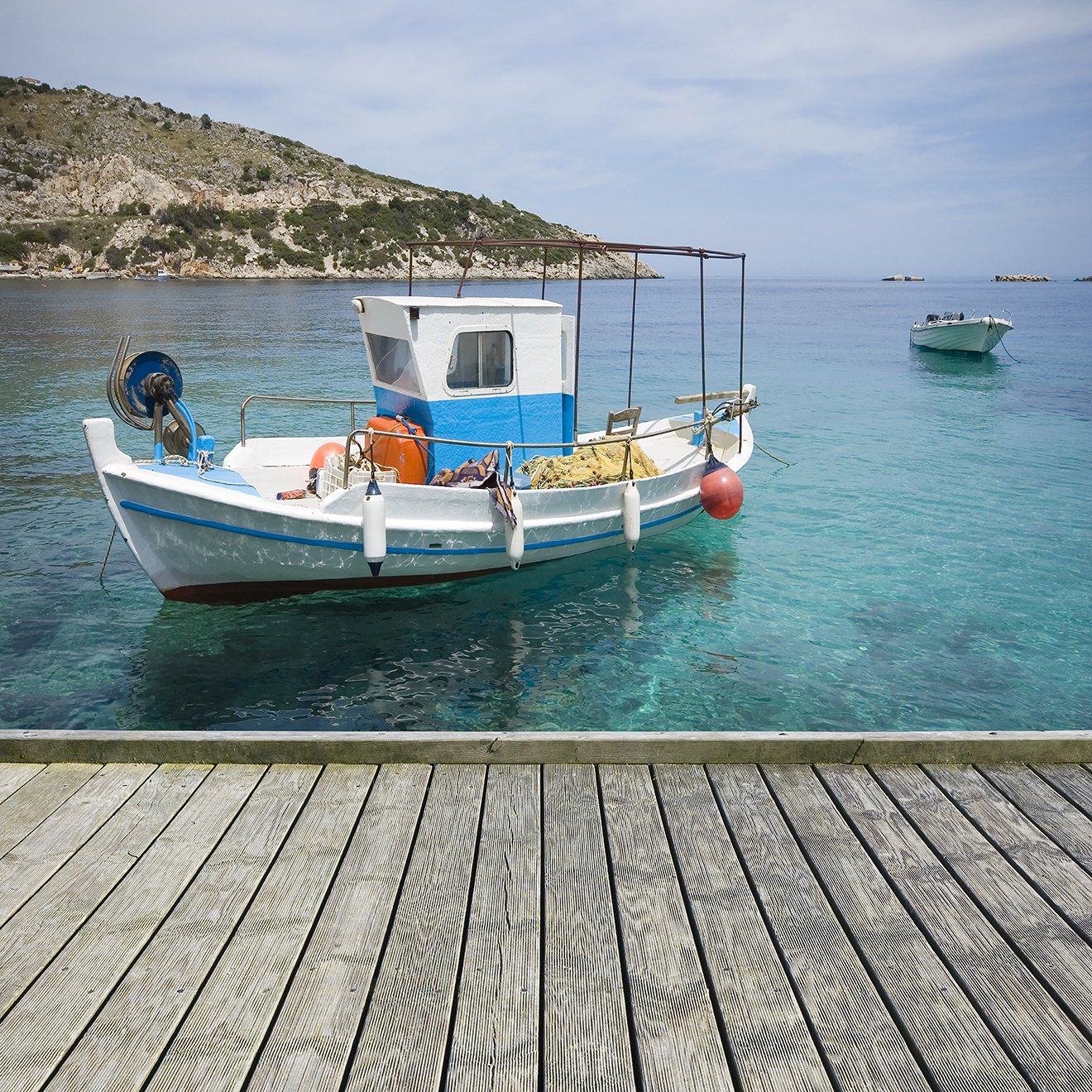 Summer Scenery Background Seaside Wooden Wharf Fishing Boat Photography  Backdrop IBD-20098