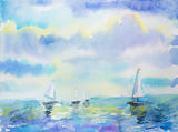 Watercolor Hand Painted Landscape Background Texture with Paper Boat and Sea Backdrop IBD-20143